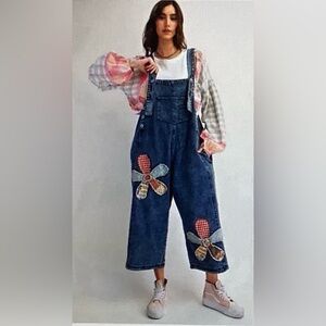 Easel Denim Overalls with Patch Flower Appliques